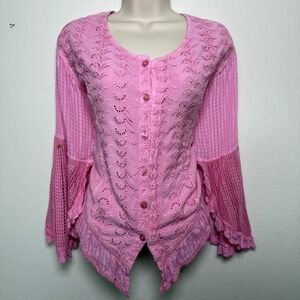 VTG 90s Women Indie Fairy Embroidered Crochet Top XL Pink Flare‎ Western Boho